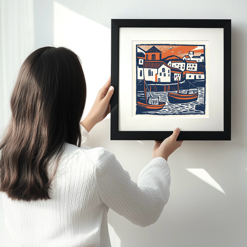 Padstow Harbour, Cornwall Linoprint-Style Art (143-1)
