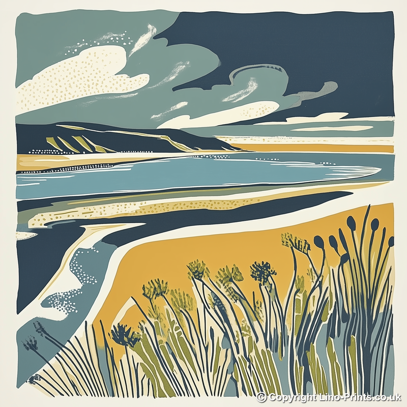 Brancaster dunes and sky Linoprint-Style Art (1863-1)