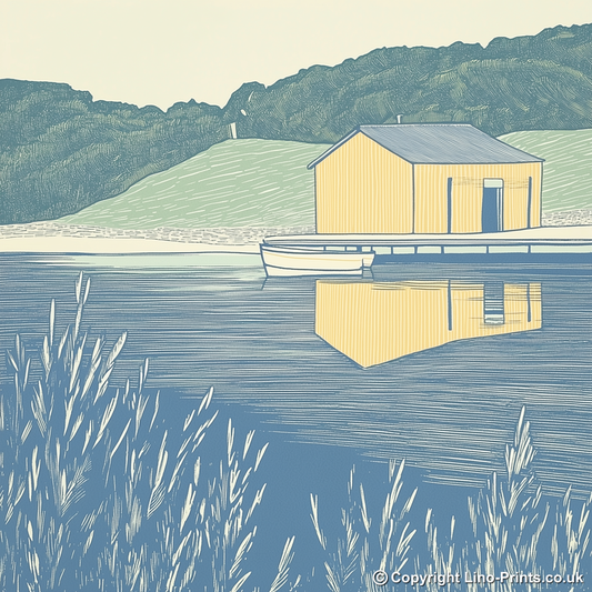 Boathouse reflection Linoprint-Style Art (2370-1)