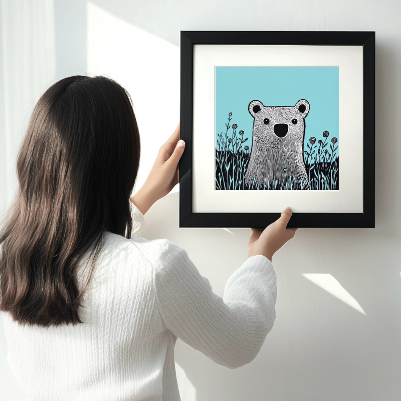 Cute Bear Cub Linoprint-Style Art (611-3)