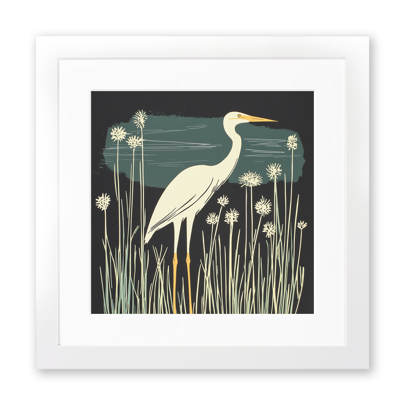 Egret stalking in the reeds Linoprint-Style Art (1882-1)
