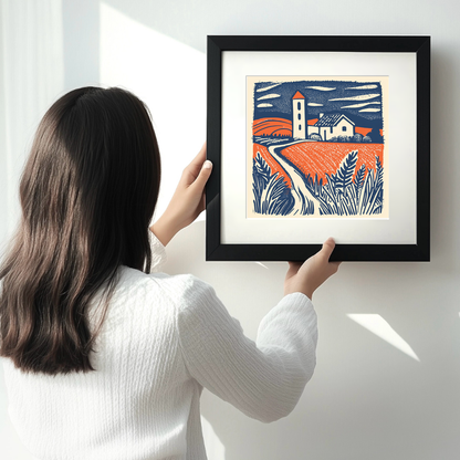 Church tower rising from flat fields Linoprint-Style Art (1969-1)