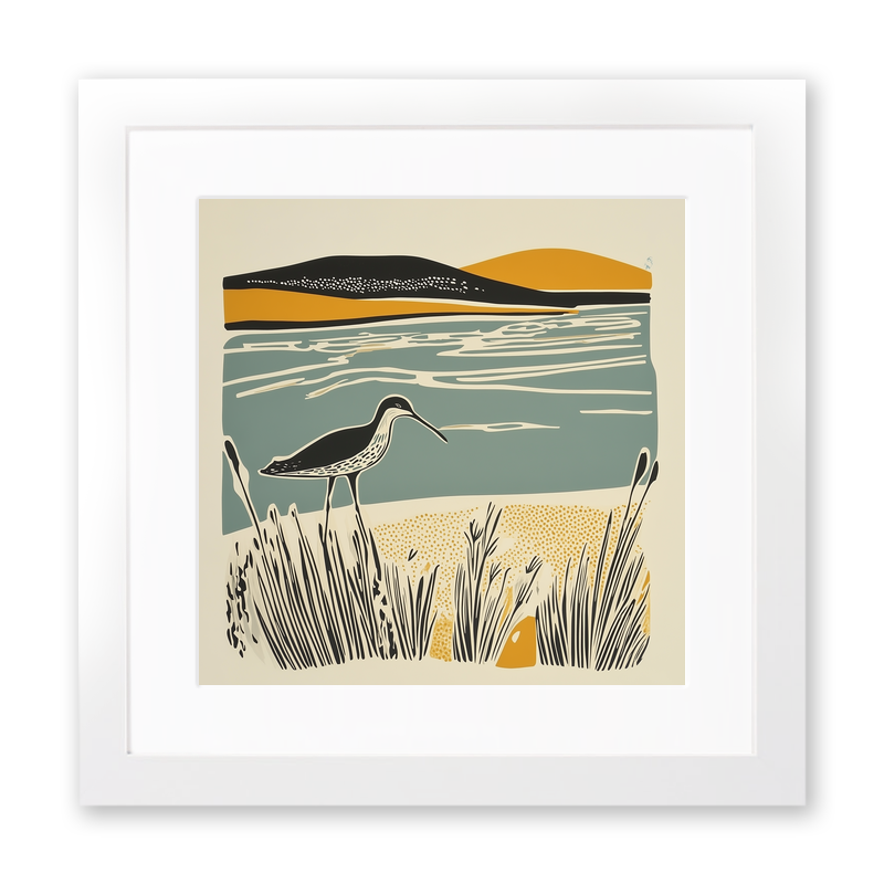 Curlew calling in the shallows Linoprint-Style Art (1878-1)