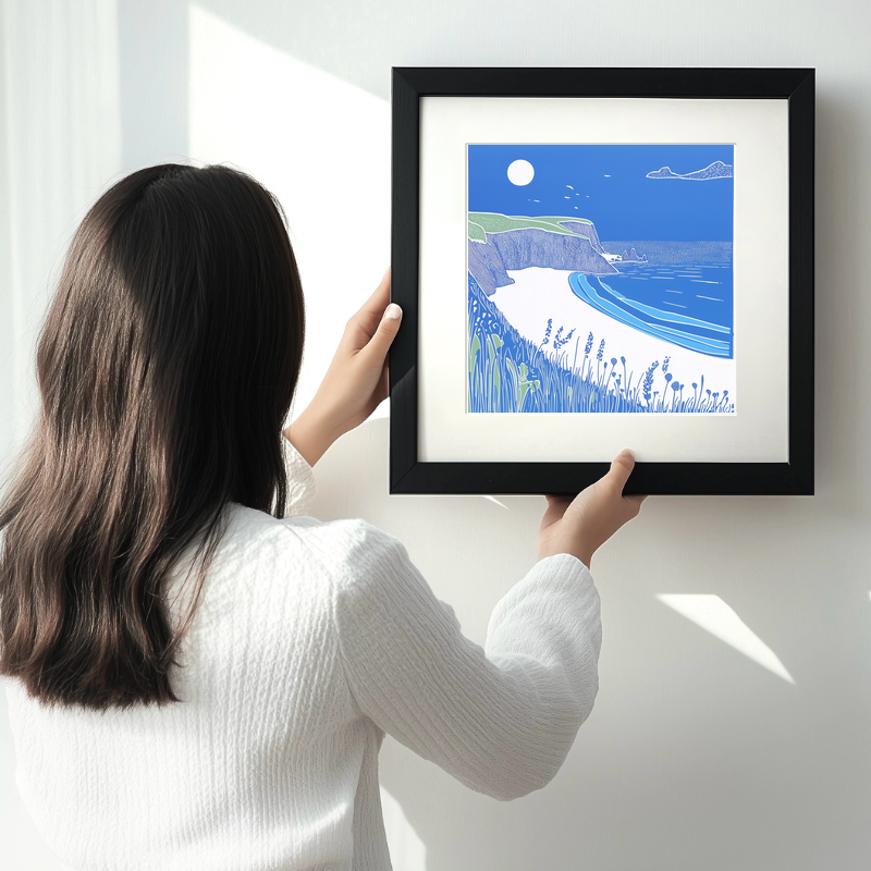 Porthcurno Beach Linoprint-Style Art (895-1)