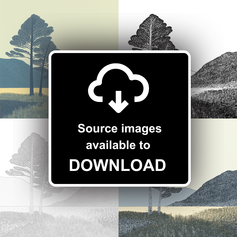 Pine trees silhouette on a lake island (e.g., Derwentwater) Linoprint-Style Art (2504-6)