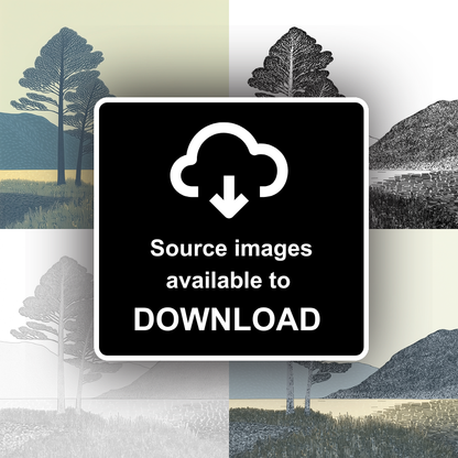 Pine trees silhouette on a lake island (e.g., Derwentwater) Linoprint-Style Art (2504-6)