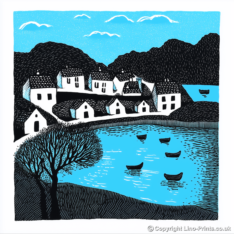Portree Harbour, Isle of Skye Linoprint-Style Art (811-1)