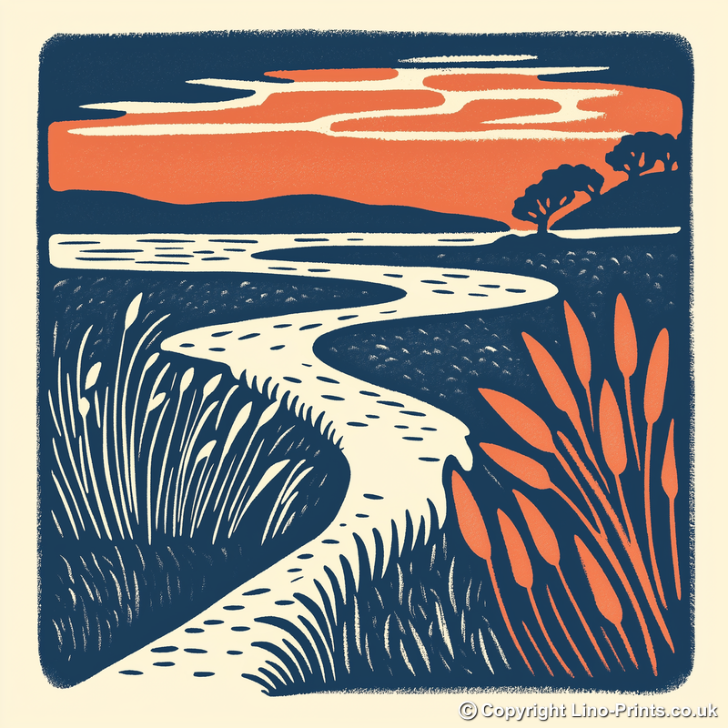 Blakeney marshes at sunset Linoprint-Style Art (1960-1)
