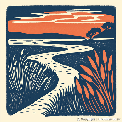 Blakeney marshes at sunset Linoprint-Style Art (1960-1)