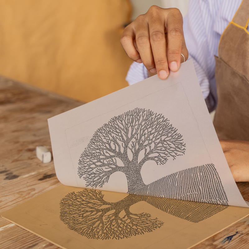 Ancient oak in a Norfolk field Linoprint-Style Art (2255-1)