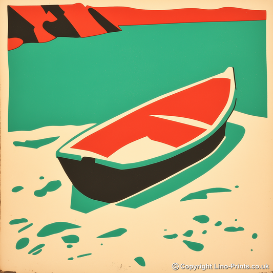 Beached dinghy in the mud Linoprint-Style Art (2159-1)