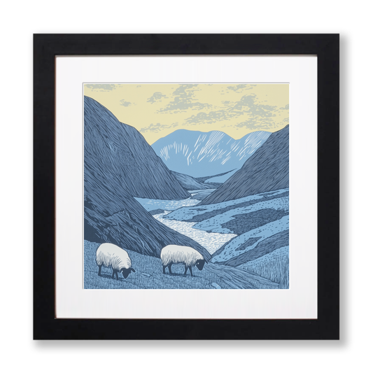 Sheep grazing below silhouetted crags Linoprint-Style Art (2541-2)