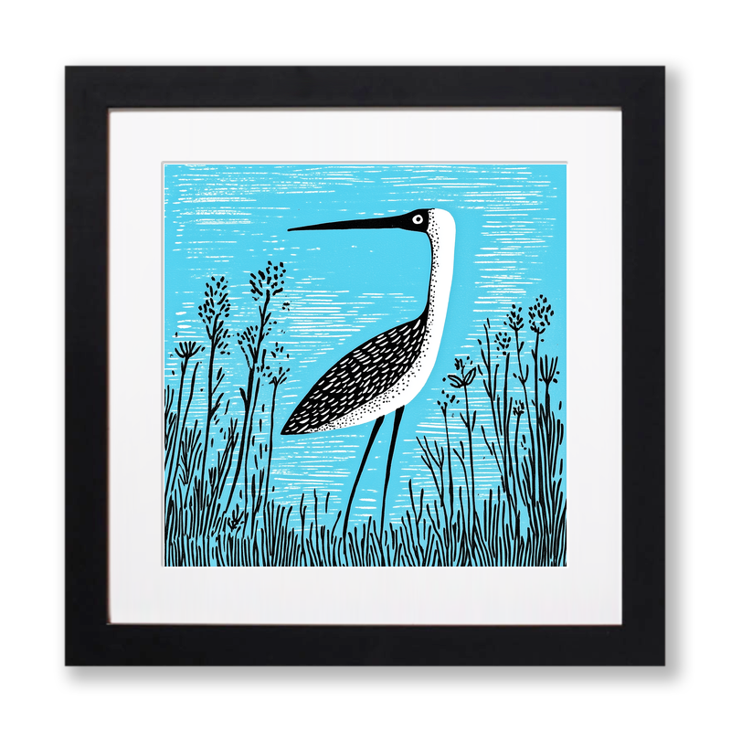 Heron in marshland Linoprint-Style Art (718-1)