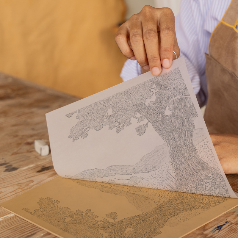 Ancient Oak tree in a valley Linoprint-Style Art (2356-2)