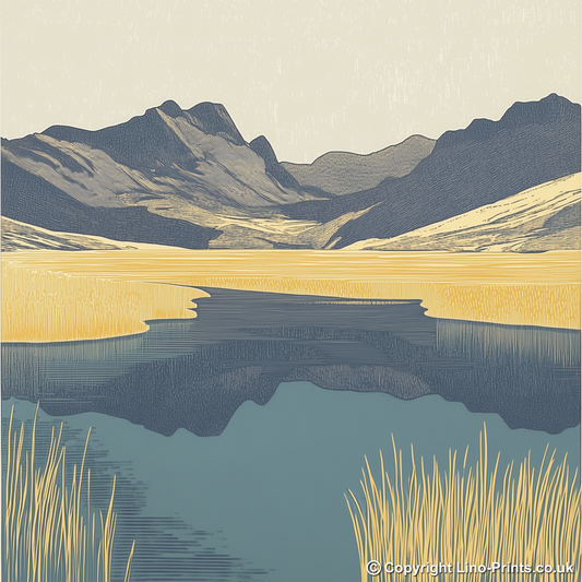 Blea Tarn reflections of Langdales Linoprint-Style Art (2362-2)