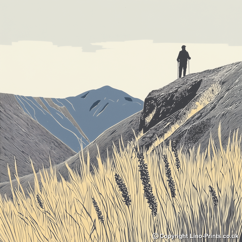 Hiker silhouette on a fell ridge Linoprint-Style Art (2454-2)