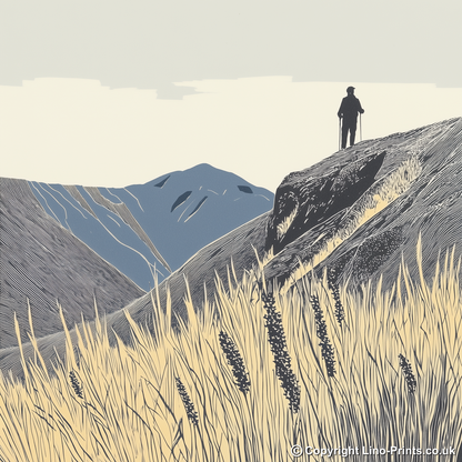 Hiker silhouette on a fell ridge Linoprint-Style Art (2454-2)
