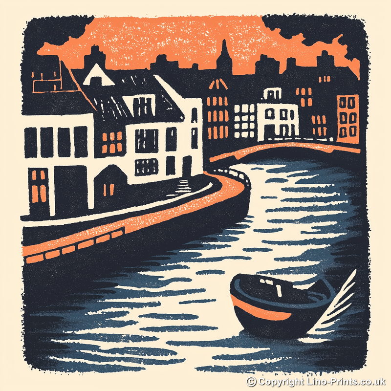 Amsterdam canal at twilight Linoprint-Style Art (2-1)