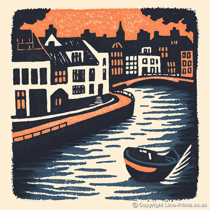 Amsterdam canal at twilight Linoprint-Style Art (2-1)