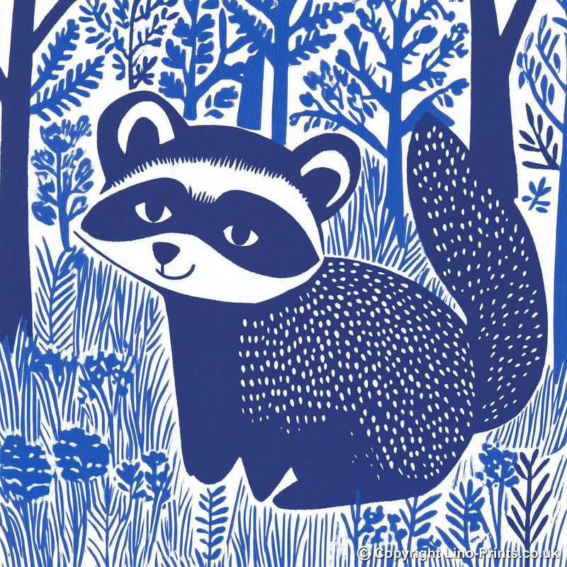 Cute Raccoon Kit Linoprint-Style Art (931-1)