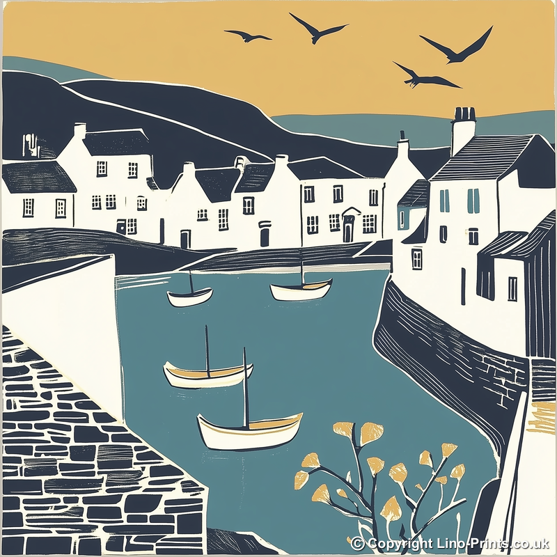Port Isaac Linoprint-Style Art (1185-1)