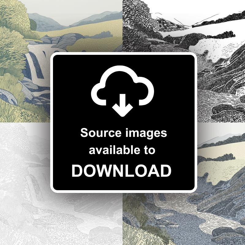 Aira Force waterfall in the Lake District Linoprint-Style Art (2355-3)