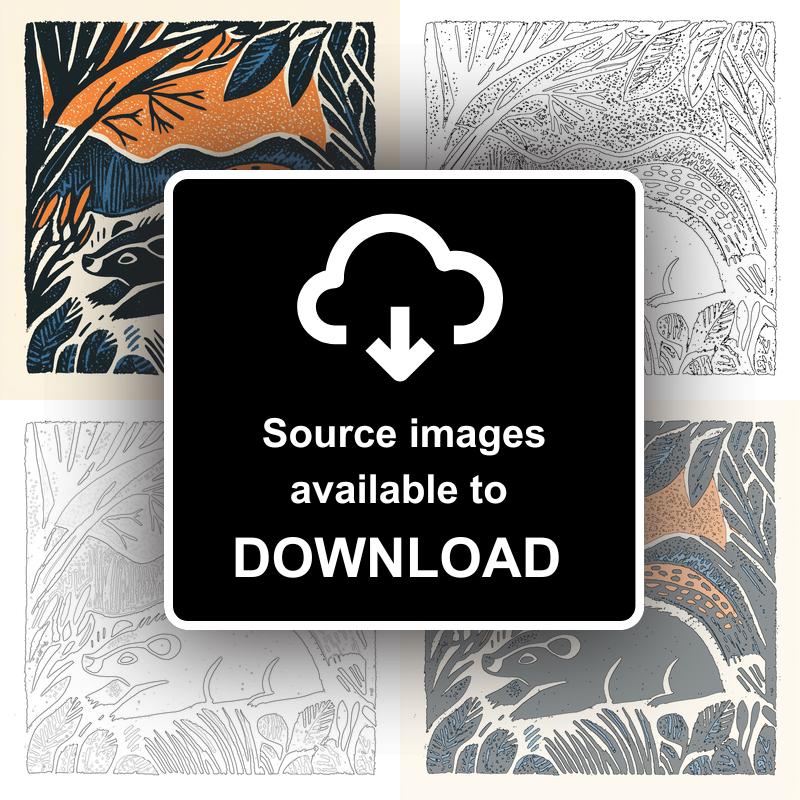 Cute Baby Badger Linoprint-Style Art (43-1)