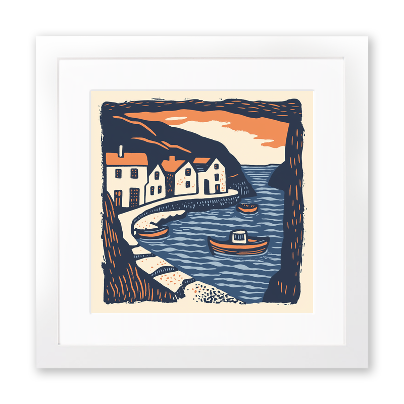 Polperro Harbour, Cornwall Linoprint-Style Art (144-2)