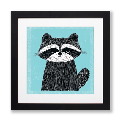Cute Raccoon Kit Linoprint-Style Art (640-1)