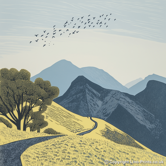 Catbells ridge walk in the Lake District Linoprint-Style Art (2384-1)