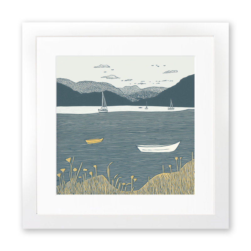 Windermere lake shore with boats Linoprint-Style Art (2604-3)
