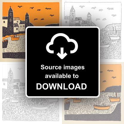 Mevagissey Harbour, Cornwall Linoprint-Style Art (303-1)