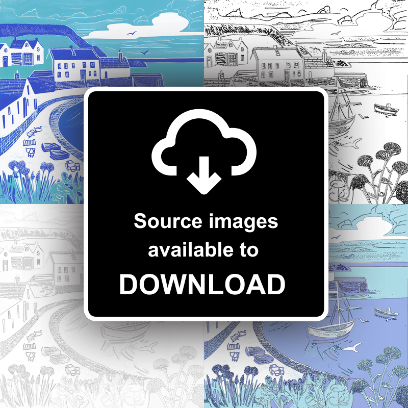 Coverack, Cornwall Linoprint-Style Art (1084-2)